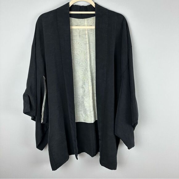 Vintage Sweaters - Vintage Japanese Black Haori Jacket Silk Kimono with Floral Embroidery